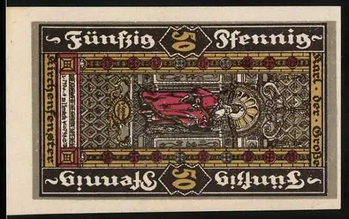Notgeld Herstelle 1921, 50 Pfennig, Wappen mit Krone und Insignien, Kirche mit Heiligenfigur
