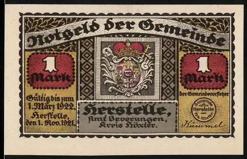 Notgeld Herstelle 1921, 1 Mark, Wappen und Karl der Grosse mit Nethegau-Stein
