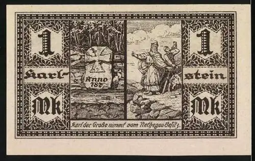 Notgeld Herstelle 1921, 1 Mark, Wappen und Karl der Grosse mit Nethegau-Stein