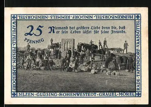 Notgeld Hohenwestedt, 1921, 25 Pfennig, Einweihung Gedenkmal des Kirchspiels Hohenwestedt, Arbeiter auf einem Feld