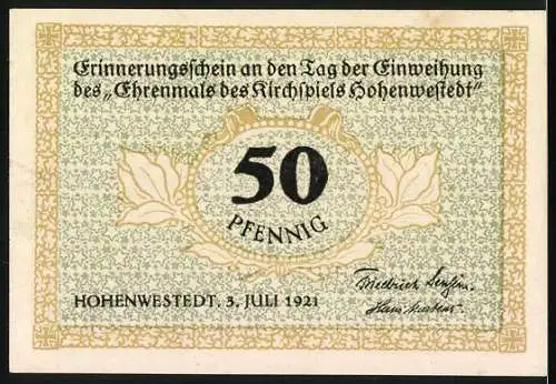 Notgeld Hohenwestedt, 1921, 50 Pfennig, Einweihung des Ehrenmals des Kirchspiels Hohenwestedt