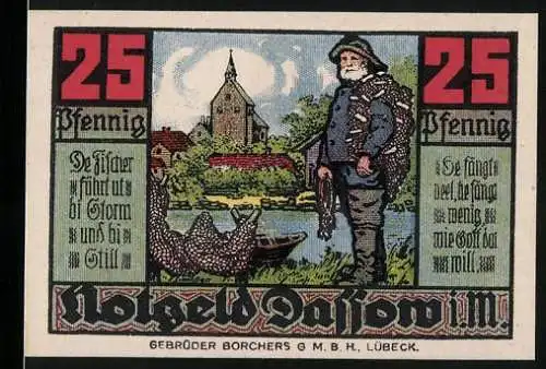 Notgeld Dassow, 1921, 25 Pfennig, Fischer mit Netz vor Dorfkulisse, gültig bis Juli 1922