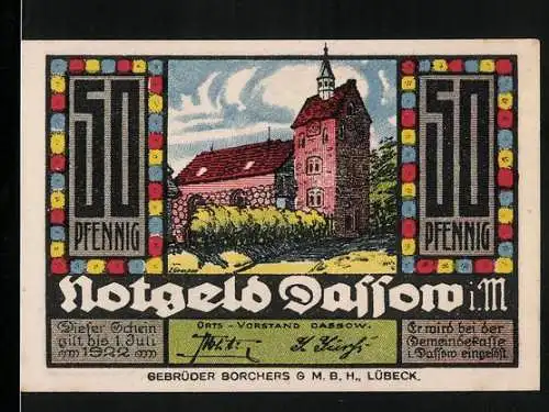 Notgeld Dassow 1922, 50 Pfennig, Burg und Wappen derer von Dassow