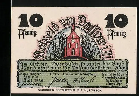 Notgeld Dassow, 1922, 10 Pfennig, Kirche und Sensenmann Illustration