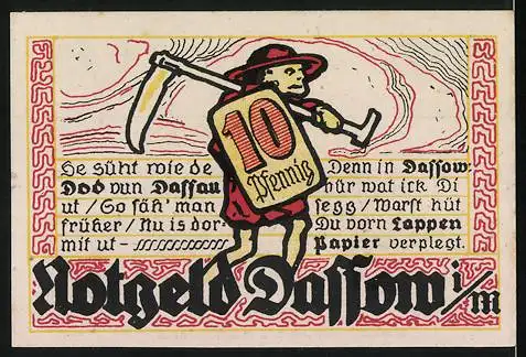 Notgeld Dassow, 1922, 10 Pfennig, Kirche und Sensenmann Illustration