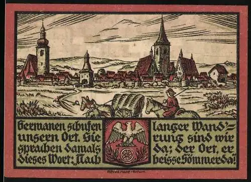 Notgeld Sömmerda, 1921, 25 Pfennig, Illustration der Stadt und Text über Dreyse