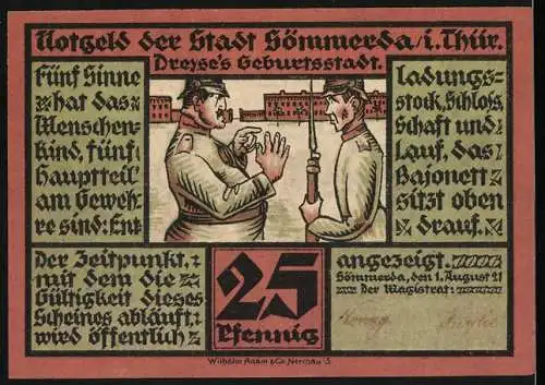 Notgeld Sömmerda, 1921, 25 Pfennig, Illustration der Stadt und Text über Dreyse
