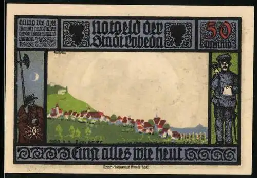 Notgeld Lobeda, 1921, 50 Pfennig, Stadtansicht und Ruine mit historischen Figuren