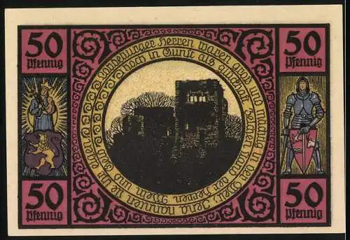 Notgeld Lobeda, 1921, 50 Pfennig, Stadtansicht und Ruine mit historischen Figuren
