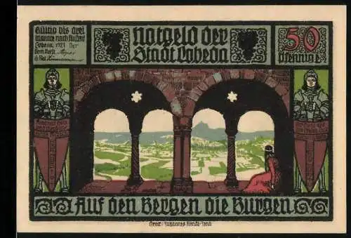 Notgeld Lobeda 1921, 50 Pfennig, Ansicht eines Tals mit Rittern und Burg auf den Bergen