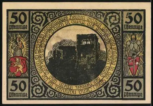 Notgeld Lobeda 1921, 50 Pfennig, Ansicht eines Tals mit Rittern und Burg auf den Bergen