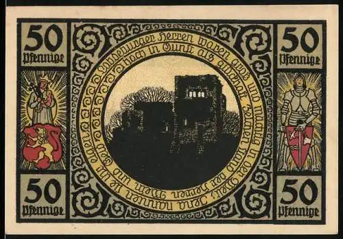 Notgeld Lobeda 1921, 50 Pfennig, Burgruine und Stadtansicht mit Wächter und Schriftzug Einst alles wie heut