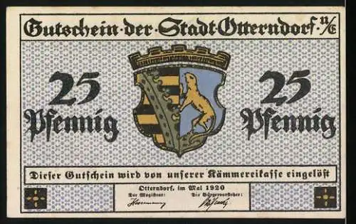 Notgeld Otterndorf 1920, 25 Pfennig, Segelschiffe und Stadtwappen