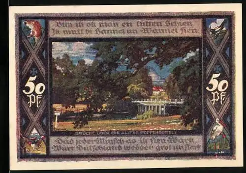 Notgeld Poppenbüttel, 1921, 50 Pf, Brücke über die Alster, Wappen und Landschaft