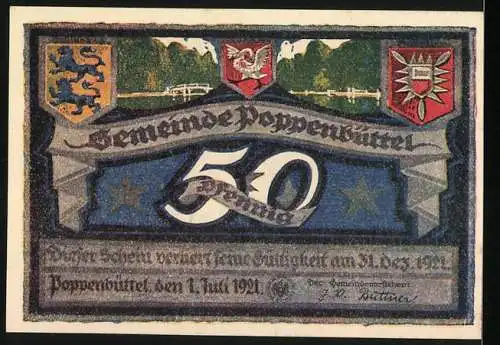 Notgeld Poppenbüttel, 1921, 50 Pf, Brücke über die Alster, Wappen und Landschaft