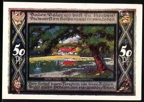 Notgeld Poppenbüttel 1921, 50 Pf, Dorfteich und Wappen