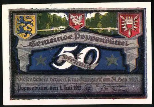 Notgeld Poppenbüttel 1921, 50 Pf, Dorfteich und Wappen