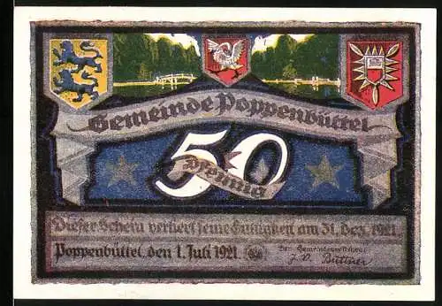 Notgeld Poppenbüttel 1921, 50 Pfennig, Gemeinde Poppenbüttel mit Wappen und Landschaft an der Alster