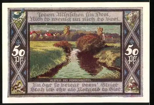 Notgeld Poppenbüttel 1921, 50 Pfennig, Gemeinde Poppenbüttel mit Wappen und Landschaft an der Alster