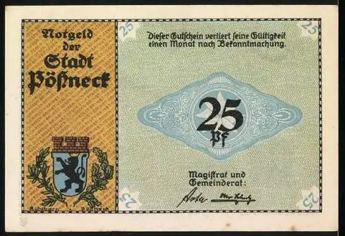 Notgeld Pössneck, 1921, 25 Pfennig, Alte Gerberhäuser und Stadtwappen, Text Jeder kennt das Pössnecker Leder