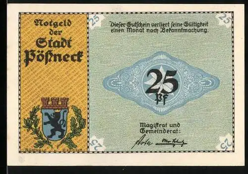 Notgeld Pössneck, 25 Pf, Stadtwappen und alte Gerberhäuser, Pössnecker Leder