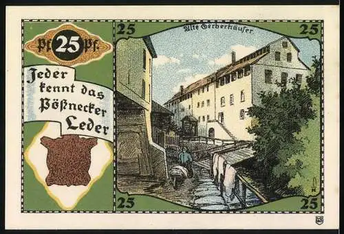 Notgeld Pössneck, 25 Pf, Stadtwappen und alte Gerberhäuser, Pössnecker Leder