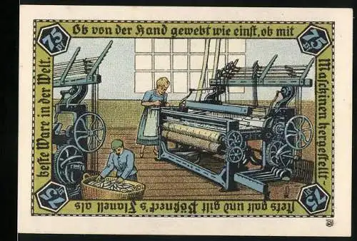 Notgeld Pössneck, 1921, 75 Pfennig, Darstellung von Webern an Maschinen in einer Textilfabrik