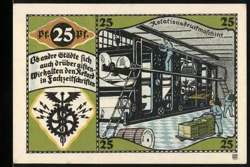 Notgeld Pössneck, 25 Pf, Rotationsdruckmaschine und Stadtwappen, seltene Ausgabe