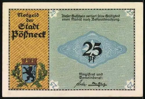 Notgeld Pössneck, 25 Pf, Rotationsdruckmaschine und Stadtwappen, seltene Ausgabe