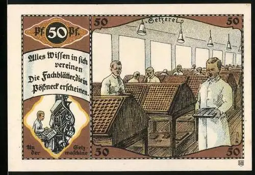 Notgeld Pössneck, 50 Pfennig, Arbeiter in einer Giesserei und Wappen der Stadt
