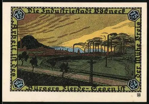 Notgeld Pössneck, 1921, 75 Pfennig, Industriestadt Landschaft und Stadtwappen