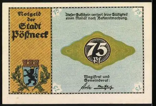 Notgeld Pössneck, 1921, 75 Pfennig, Industriestadt Landschaft und Stadtwappen