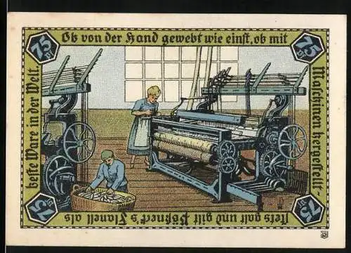 Notgeld Pössneck, 75 Pf, Weber bei der Arbeit an Webstühlen, Stadtwappen und Unterschriften von Magistrat und Gemeinde