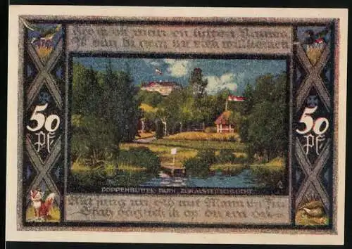 Notgeld Poppenbüttel, 1921, 50 Pfennig, Landschaft mit Park und Wappen im Design