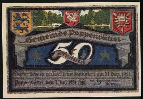 Notgeld Poppenbüttel, 1921, 50 Pfennig, Landschaft mit Park und Wappen im Design