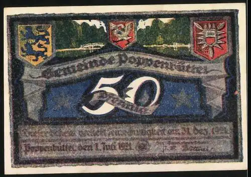 Notgeld Poppenbüttel, 1921, 50 Pfennig, Landschaft und Wappen, 50 Pf beidseitig