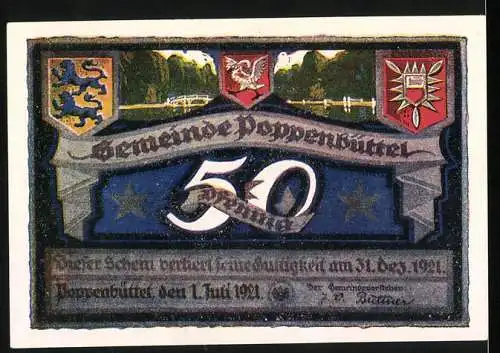 Notgeld Poppenbüttel 1921, 50 Pf, Hellisburger Schleuse und Wappen der Gemeinde