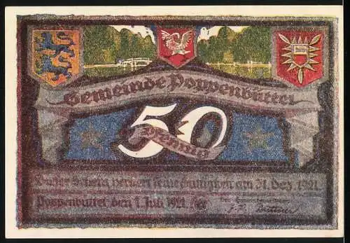 Notgeld Poppenbüttel 1921, 50 Pf, Landschaft und Wappen der Gemeinde, Herausgabe am 1. Juli 1921