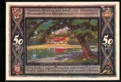 Notgeld Poppenbüttel 1921, 50 Pf, Dorfteich und Wappen mit Datum 1. Juli 1921