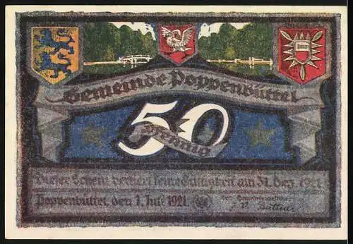 Notgeld Poppenbüttel 1921, 50 Pf, Dorfteich und Wappen mit Datum 1. Juli 1921