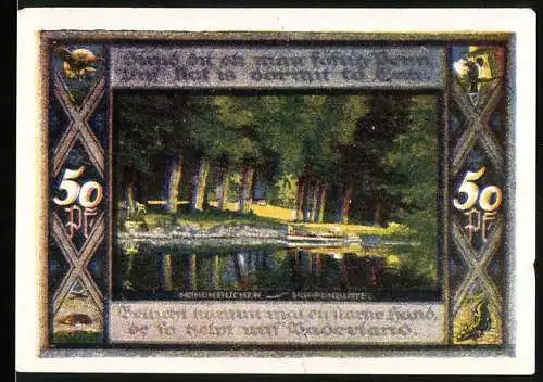 Notgeld Poppenbüttel, 1921, 50 Pf, Bild von Mühlenteich und Wappen der Gemeinde