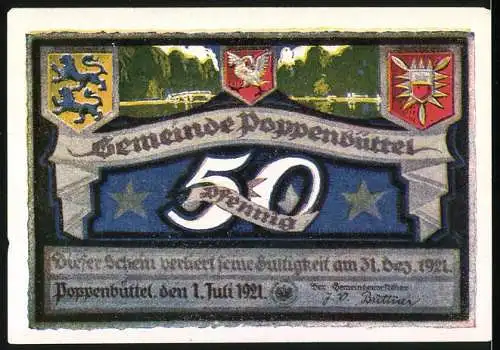 Notgeld Poppenbüttel, 1921, 50 Pf, Bild von Mühlenteich und Wappen der Gemeinde