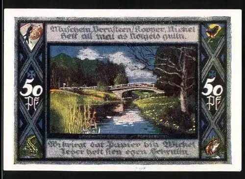 Notgeld Poppenbüttel, 1921, 50 Pf, Landschaft mit Brücke und Wappen der Gemeinde