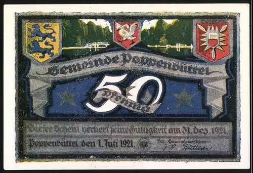 Notgeld Poppenbüttel, 1921, 50 Pf, Landschaft mit Brücke und Wappen der Gemeinde