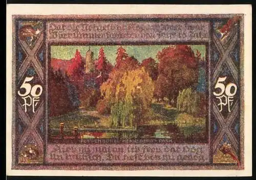 Notgeld Poppenbüttel 1921, 50 Pf, farbenfrohe Landschaft und Wappen, Vorder- und Rückseite