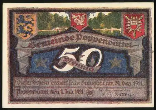 Notgeld Poppenbüttel 1921, 50 Pf, farbenfrohe Landschaft und Wappen, Vorder- und Rückseite