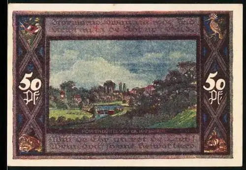 Notgeld Poppenbüttel 1921, 50 Pf, Landschaftsansicht und Wappen der Gemeinde