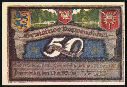 Notgeld Poppenbüttel 1921, 50 Pf, Landschaftsansicht und Wappen der Gemeinde