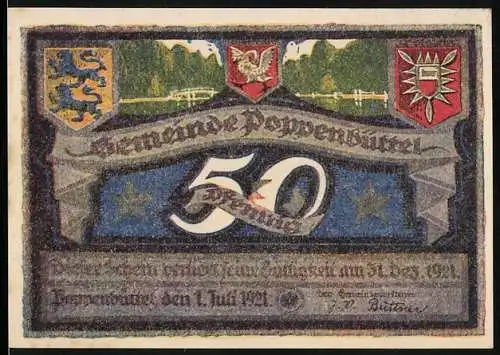Notgeld Poppenbüttel, 1921, 50 Pfennig, Landschaft und Wappen auf Vorder- und Rückseite