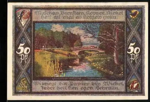 Notgeld Poppenbüttel 1921, 50 Pf, Landschaft mit Brücke und Wappen